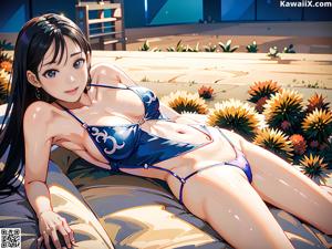 A woman in a blue bikini laying on a bed.
