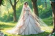 A woman in a wedding dress standing in the woods.