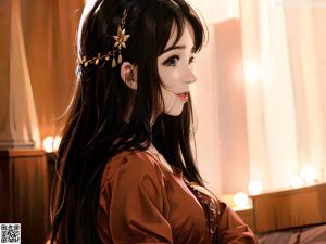 A woman with long black hair wearing a brown dress.