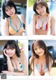 A group of four pictures of a woman in a bikini.